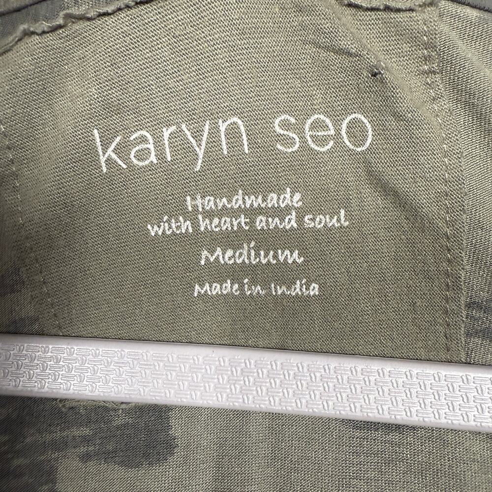 Karyn Seo Womens Sz Medium Embroidered Camo Dress Olive Green V Neck 3/4 Sleeves - Picture 5 of 8